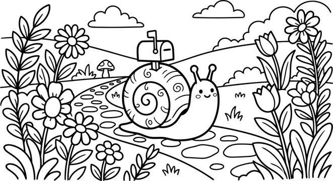 Charming snail mailman coloring page whimsical garden scene for kids and adults
