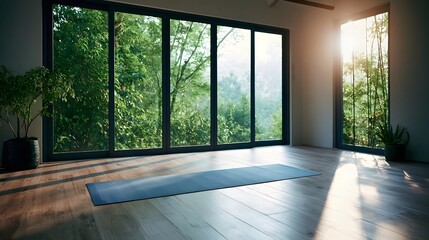 Fototapeta premium A bright and serene yoga room bathed in natural outdoor light creates an inspi nal atmosphere for wellness