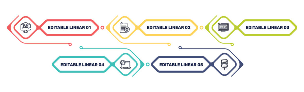 network architecture outline icon set featuring crime, corrupt file, tv show, ban icons.