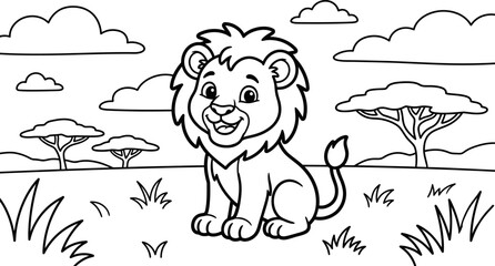 Lion coloring page for kids cute safari animal outline for creative art activities © Manik Mia