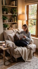 Obraz premium Cozy Reading Nook: A woman relaxes in a plush armchair by a window, engrossed in a book, surrounded by plants and warm lamplight, creating an atmosphere of peaceful solitude and comfort.
