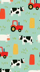 Colorful farm pattern featuring cows and red tractors on a light green background.