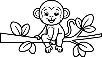 Cute monkey on branch coloring page for kids and toddlers printable activity book © Manik Mia
