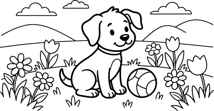 Cute dog coloring page with flowers and ball for kids