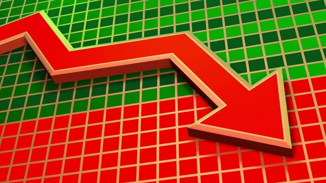3D Red Arrow Moving Downwards on Grid Background, Financial Crisis and Stock Market Crash