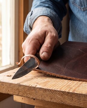 Hand skiving thin leather edge with sharp paring knife macro artisan craft