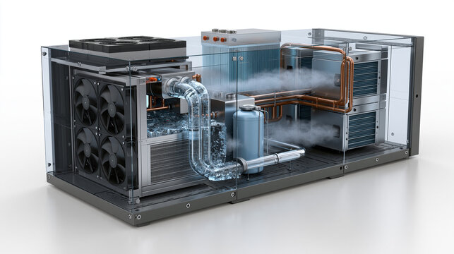 Detailed illustration of an industrial cooling system with transparent components.