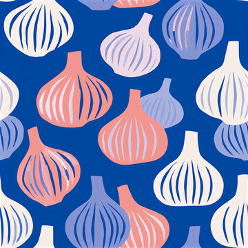 Colorful garlic pattern on a vibrant blue background for fresh and fun decor.