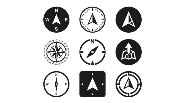 Compass icons represent various navigation tools used by travelers to determine direction across maps and outdoor exploration environments.