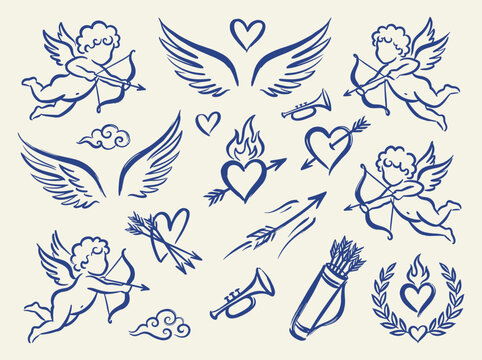 Cupid angel love doodle vector set with hearts arrows wings and blue line art