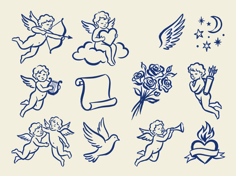 Cupid cherub angel doodle vector set with roses dove wings heart and blue line art