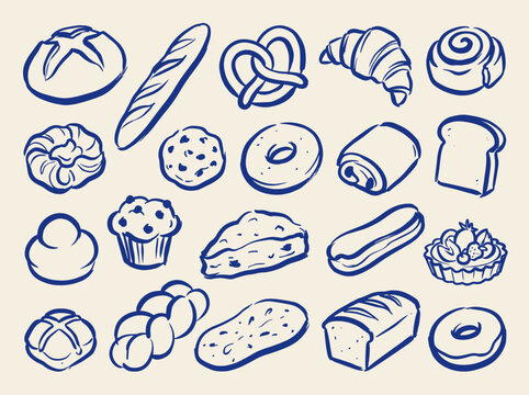 Bakery bread and pastry doodle vector set with croissant pretzel muffin loaf and blue line art