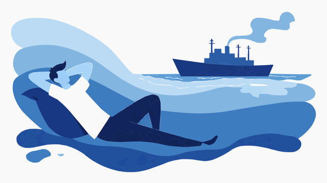A man relaxes comfortably on a wavy blue surface feeling calm and refreshed while a large ship sails peacefully in the background