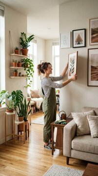 Woman Decorating Apartment with Plants and Art: A young woman in overalls is arranging artwork on a wall, surrounded by an abundance of lush green houseplants and stylish home decor.