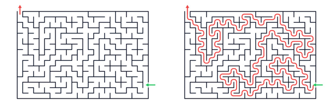 Rectangle shaped labyrinth with one entrance one exit, clean pathway design, printable maze for brain training workbook