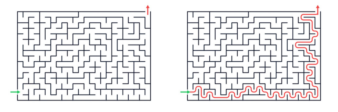 Rectangular maze with single entry and exit point, simple labyrinth design for activity book, beginner friendly logic puzzle