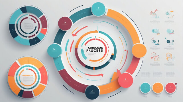 Circular process infographic with multiple segments and arrows indicating flow and progression in business or scientific context on light gray background three additional charts.