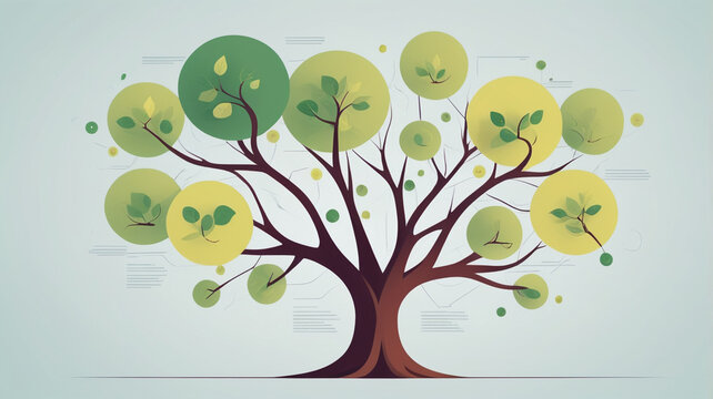 Stylized tree with branches and circular leaves representing growth and development concept with subtle data elements in background nature illustration abstract.