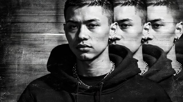 Young Asian man in hoodie with multiple exposures representing Punk Grunge  