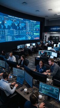 Cyber Operations Hub: A bustling cyber operations center where diverse professionals monitor global data streams on a massive screen, surrounded by rows of workstations.