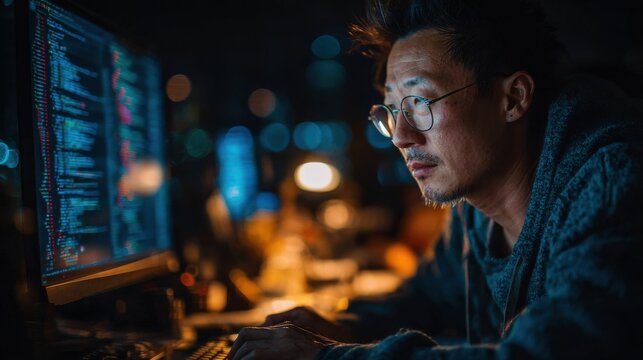 Asian man using smart AI cyber bot and advanced tech tools to write Python code on a web screen, focused on big data analysis, STEM upskilling, and coding tasks in a modern office environment.
