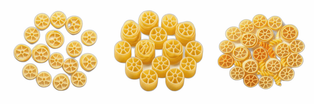 Rotelle Pasta PNG Transparent Clipart Set: Three Isolated Piles of Raw Wagon Wheel Pasta Shapes for Italian Restaurant Menus, Culinary Blog Recipes, Cooking Education Printables, and Grocery Food Grap