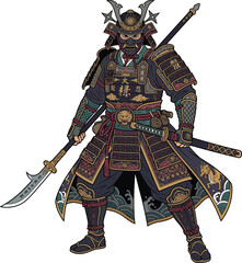 Fototapeta premium Samurai warrior illustration with ornate armor and traditional weaponry