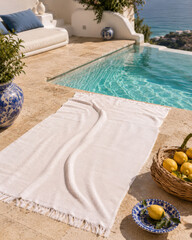 Obraz premium A luxury white beach towel mockup spread beside an infinity pool with fresh lemons, Mediterranean ceramics, and a sunlit coastal resort view.
