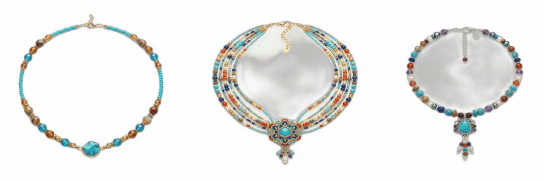 Turquoise Necklace PNG Transparent Clipart Set: Three Luxury Bohemian Choker Necklaces and Beaded Collars with Native American, Egyptian, and Vintage Jewelry Elements for Fashion Design, Wardrobe Styl