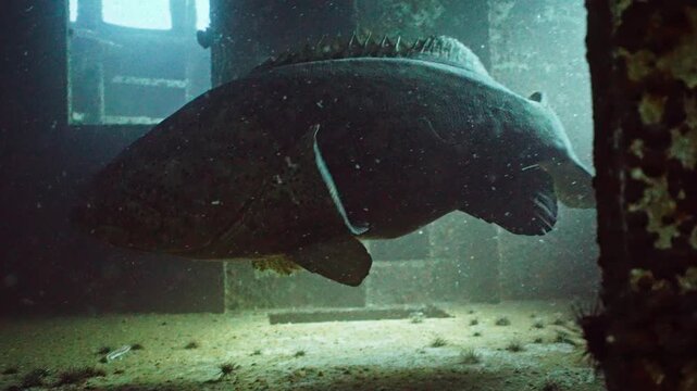 Slow Motion Goliath Grouper Swimming Through Shipwreck Interior Underwater 4K