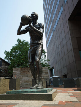 Boston, MA - USA - 08-03-2025: Statue of Bill Russell, famous Boston Celtic NBA basketball player, by sculptor Ann Hirsch, in downtown Boston