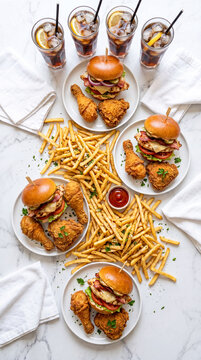 Overhead flat lay of gourmet sliders with golden crispy fries on white plates arranged vertically