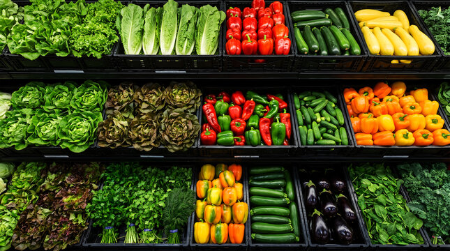 Vibrant Supermarket Produce Section with Fresh Greens, Peppers, and Squash