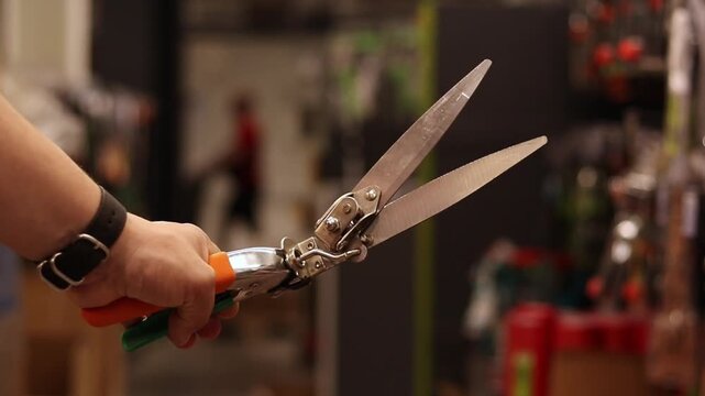 Hand holding professional garden pruner on blurred background of store. Selection of garden tools in a specialty store. Close-up of garden shears with metal blades and colored handles. Garden tool