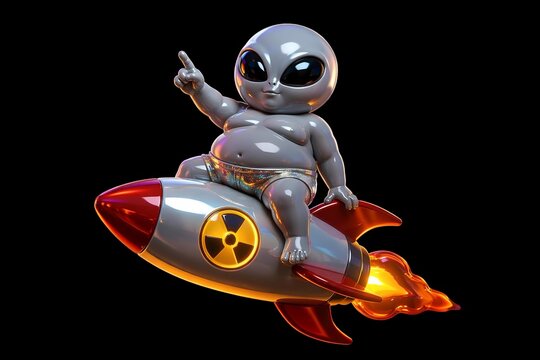 Cute alien baby riding a rocket in space illustration