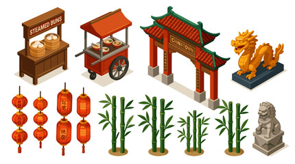 Obraz premium Collection of isometric elements representing Chinatown culture, including food stalls, lanterns, bamboo, a dragon statue, and a gate.