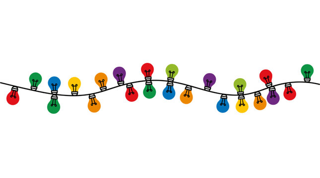 A string of colorful, cartoon-style light bulbs on a white background. Perfect for celebrations and festive occasions.