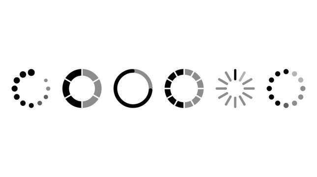 A set of diverse circular loading icons and progress spinners, in black and gray, representing wait times and data processing.