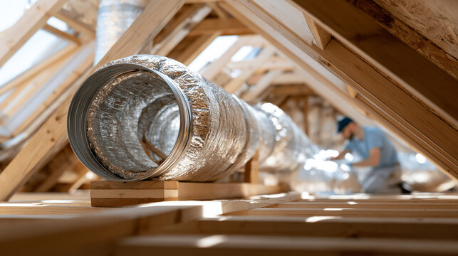 Worker installing ductwork in a well-lit attic space.