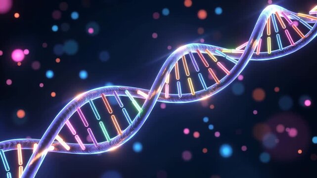 3d render of a glowing dna double helix structure on a dark background with bokeh light particles 4k video