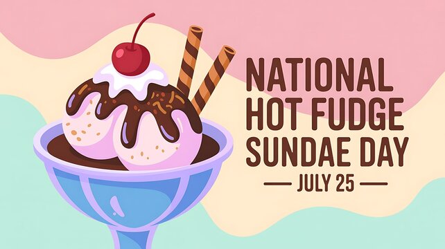National hot fudge sundae day promotional graphic featuring ice cream dessert and sweet toppings, national