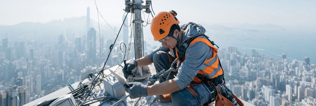 Male technician working at height in a safety harness against a city skyline.