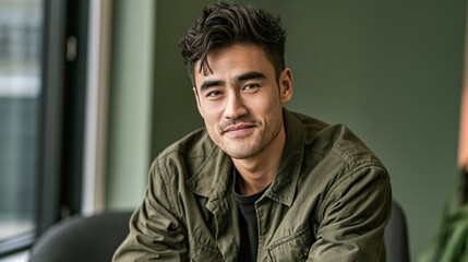 Fototapeta premium Neurodiversity Workplace Young Vietnamese Slim Man With Calm Focus