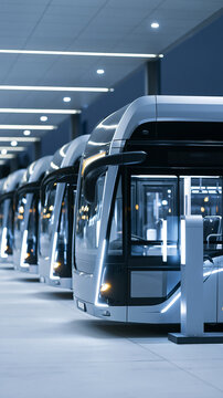 Futuristic electric buses lined up in a modern transit hub.