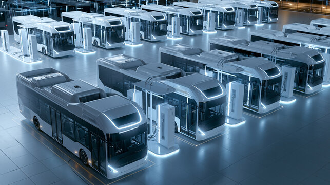 Futuristic electric buses lined up for charging in a modern facility.