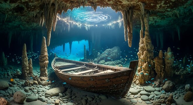 Boat floating in a stunning blue sinkhole cave with natural light