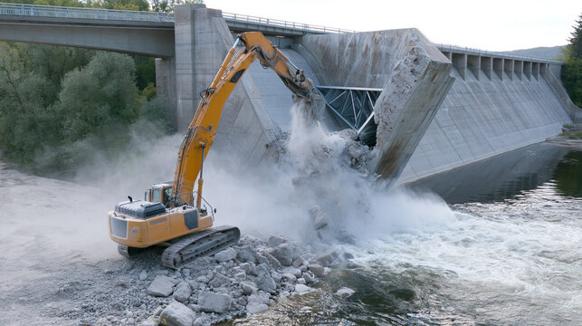 Excavator demolishing a concrete dam, creating a splash in the river below.