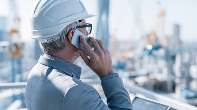 Middle-aged Caucasian man in a suit and hard hat, making a phone call on-site.
