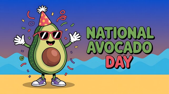 National avocado day fun cartoon illustration with party theme featuring dancing avocado character