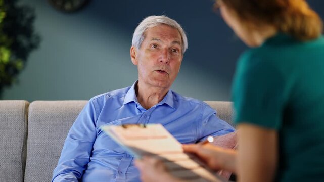 A doctor meets with an elderly man to discuss health concerns. The man shares his symptoms while the doctor takes notes and offers advice on treatment options.